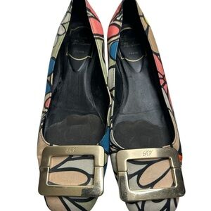 Roger Vivier Floral Multicolor Flats with Gold Buckle, size 7.5
